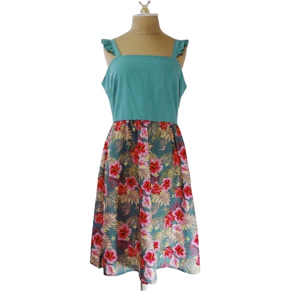 NWT PatPat Midi  Turquoise Hawaiian Floral Flutter Sleeve Tank Dress Size L - Picture 8 of 8